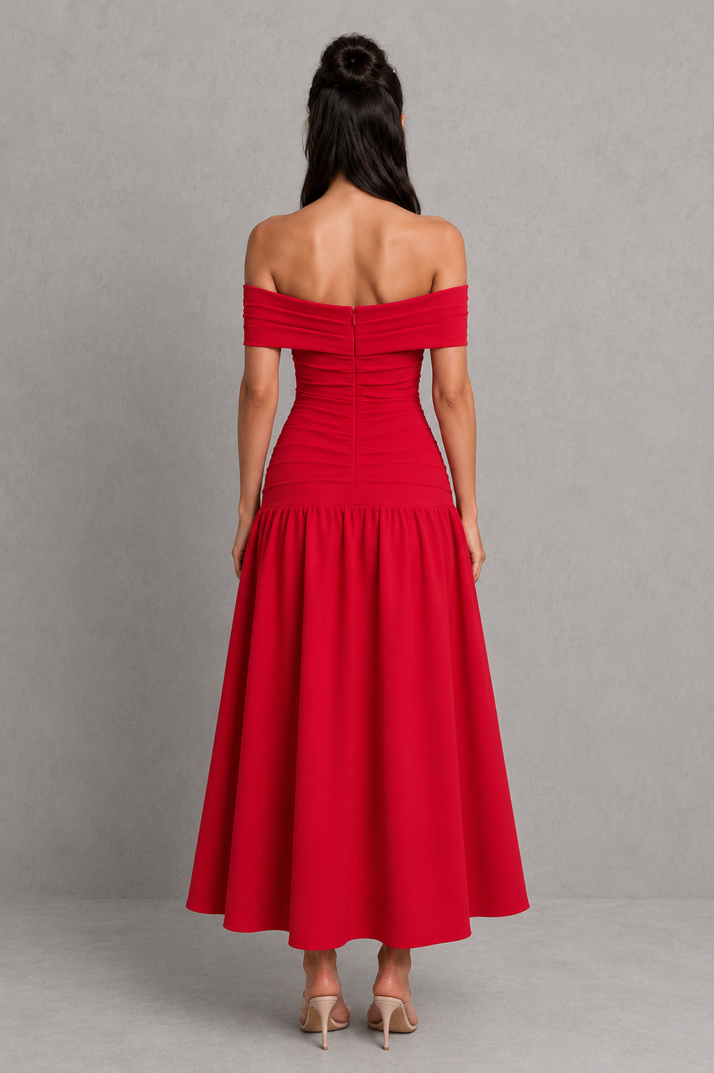 Women's bardot midaxi dress featuring an off-the-shoulder pleated neckline, asymmetric pleated bodice, fitted silhouette, dropped waist, and flowing gathered skirt, designed for elegant evening events and special occasions.