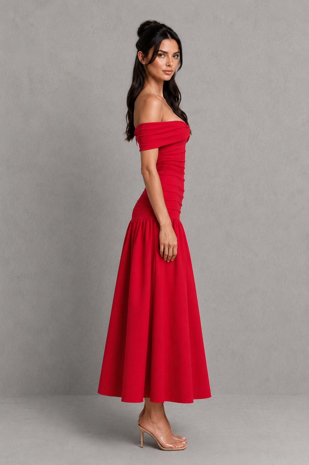 Women's bardot midaxi dress featuring an off-the-shoulder pleated neckline, asymmetric pleated bodice, fitted silhouette, dropped waist, and flowing gathered skirt, designed for elegant evening events and special occasions.