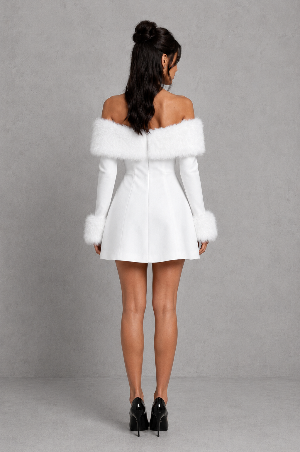 Women's off-the-shoulder bardot mini dress in premium crepe fabric with luxurious faux fur trim at the neckline and cuffs, long sleeves, fitted bodice, and voluminous bubble skirt, ideal for parties, festive celebrations, and special occasions.
