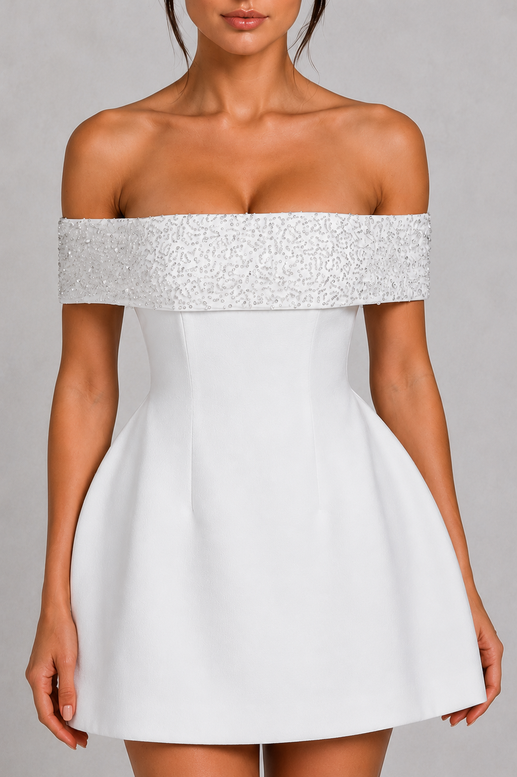 Women's Bardot satin mini dress with a beaded off-the-shoulder neckline, fitted bodice, cinched waist, and voluminous bubble skirt for parties and special occasions.