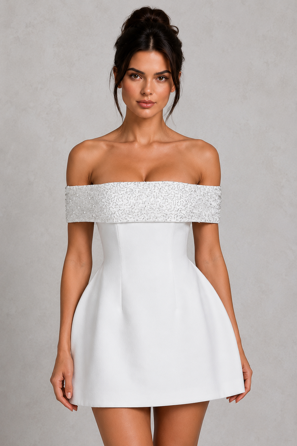 Women's Bardot satin mini dress with a beaded off-the-shoulder neckline, fitted bodice, cinched waist, and voluminous bubble skirt for parties and special occasions.