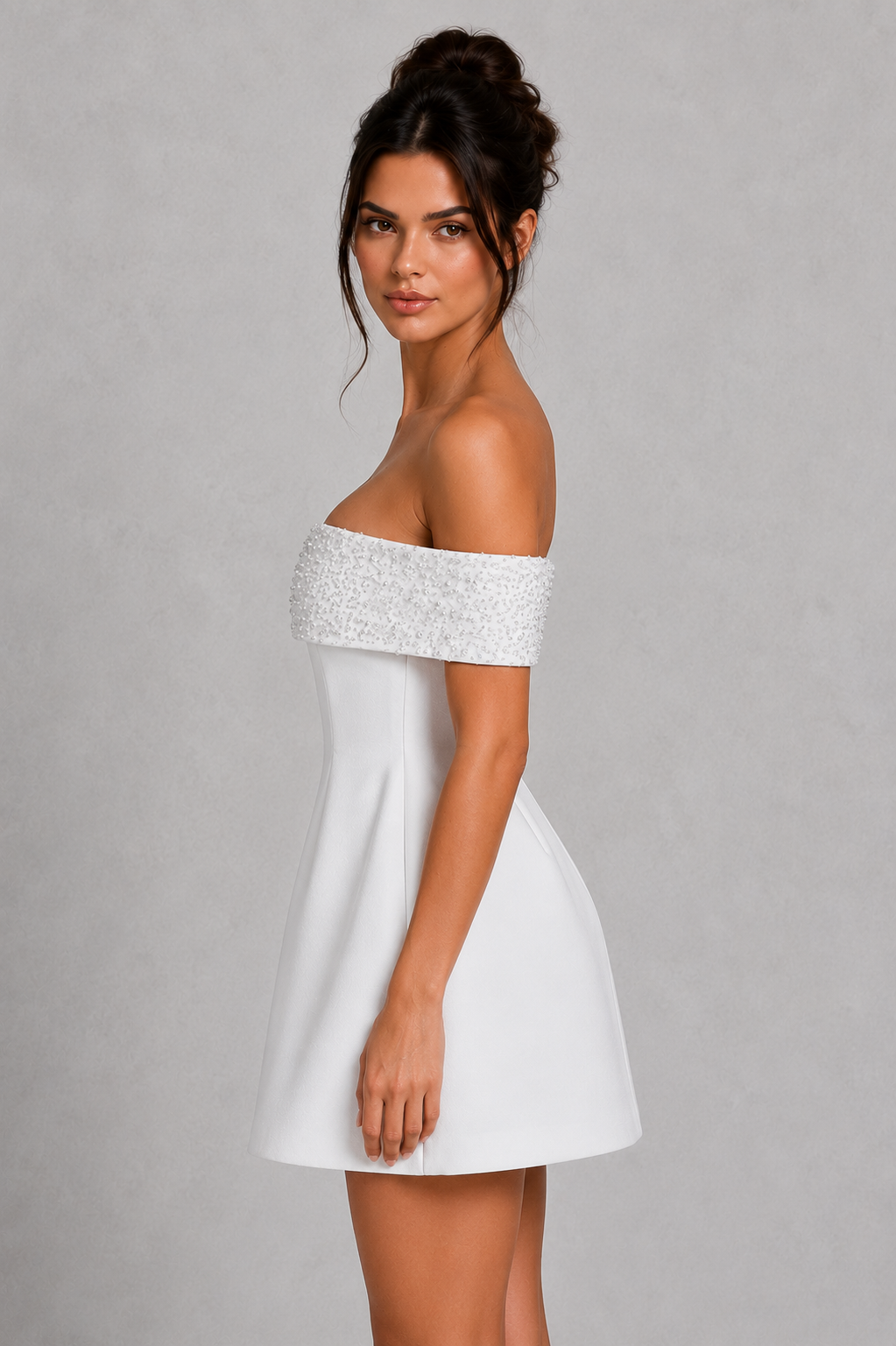 Women's Bardot satin mini dress with a beaded off-the-shoulder neckline, fitted bodice, cinched waist, and voluminous bubble skirt for parties and special occasions.