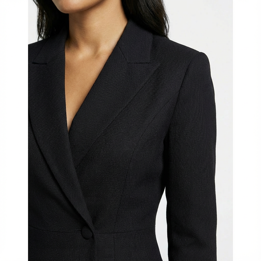Women’s blazer midi dress with long sleeves, notched lapel neckline, single-breasted button closure, and a fitted tailored silhouette for work, cocktail events, and occasion wear.