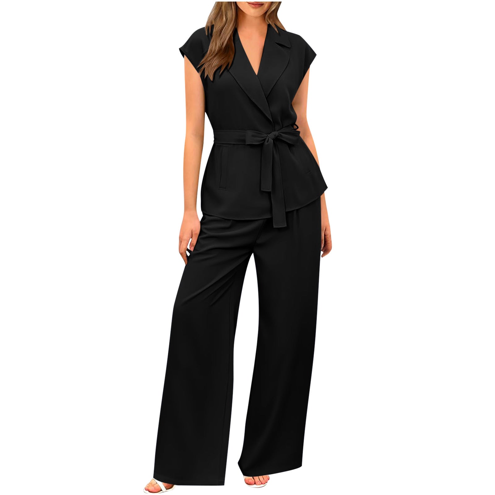 Women's blazer and wide leg trousers set with tailored fit and stretch fabric for versatile elegant wear