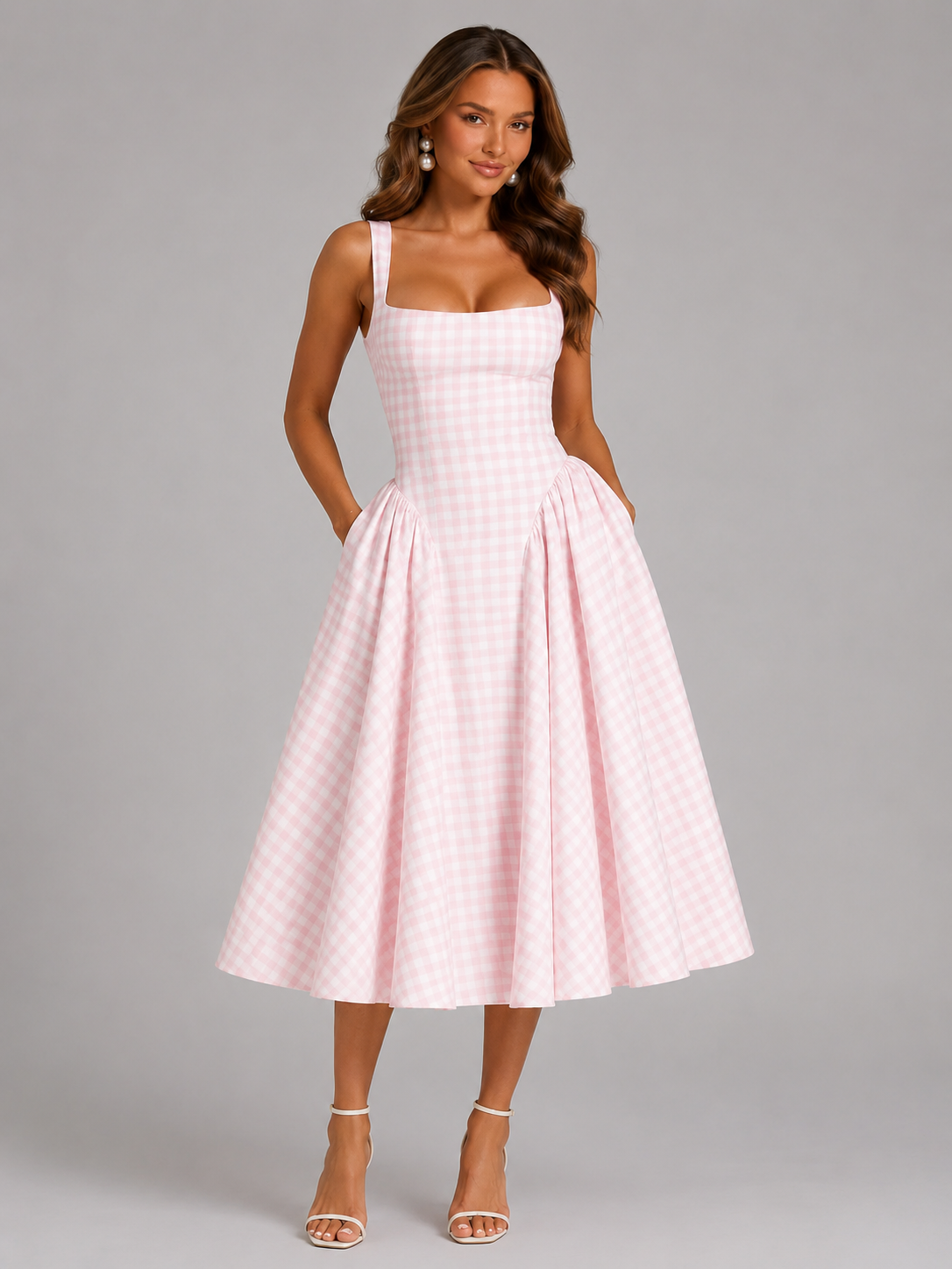 Women’s Gingham Midi Dress with Full Skirt for Special Occasions