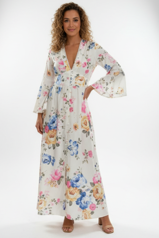 Women’s boho floral maxi dress with deep V-neck, bell sleeves and cinched waist