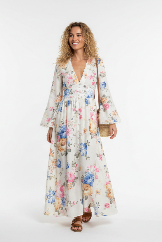 Women’s boho floral maxi dress with deep V-neck, bell sleeves and cinched waist