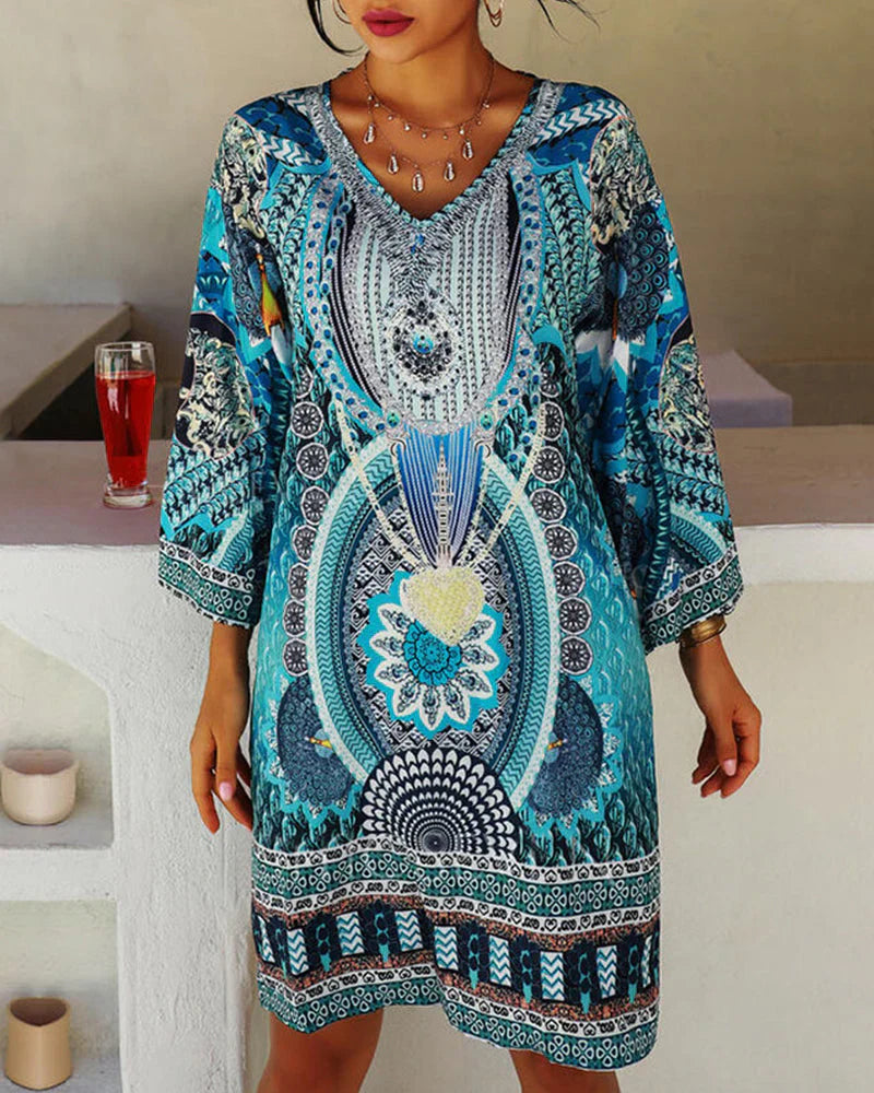 Women’s boho print long sleeve mini dress with relaxed flowy fit and lightweight fabric for casual wear