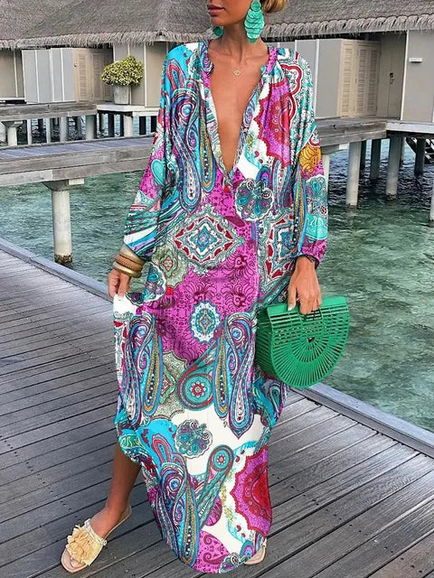 Women’s boho print maxi dress with deep V neck and long sleeves in ankle length silhouette