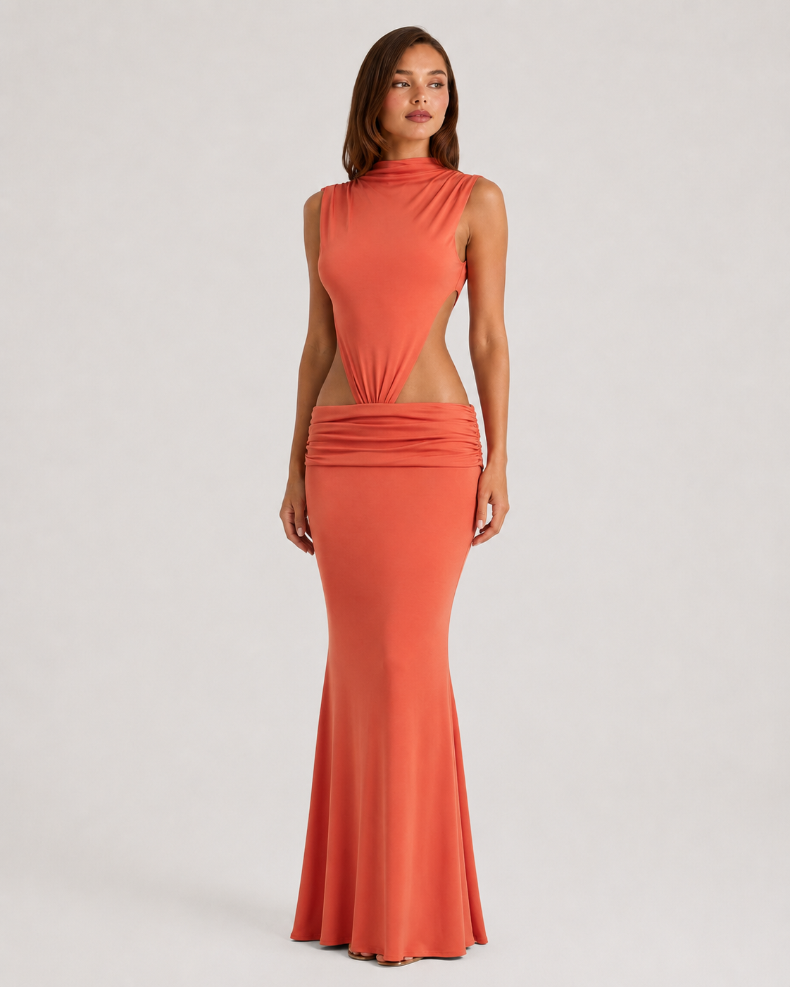 Women's bodycon maxi dress in premium modal jersey featuring a high neckline, cut-out side detail, open back, ruched dropped waist, and flowing flared hem, designed for elegant evening occasions and formal events.