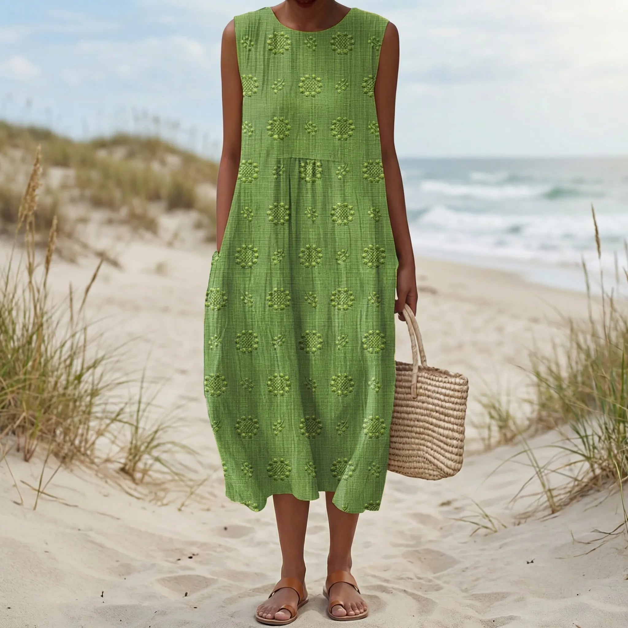 Women’s casual sleeveless midi summer dress with gathered waist and side pockets