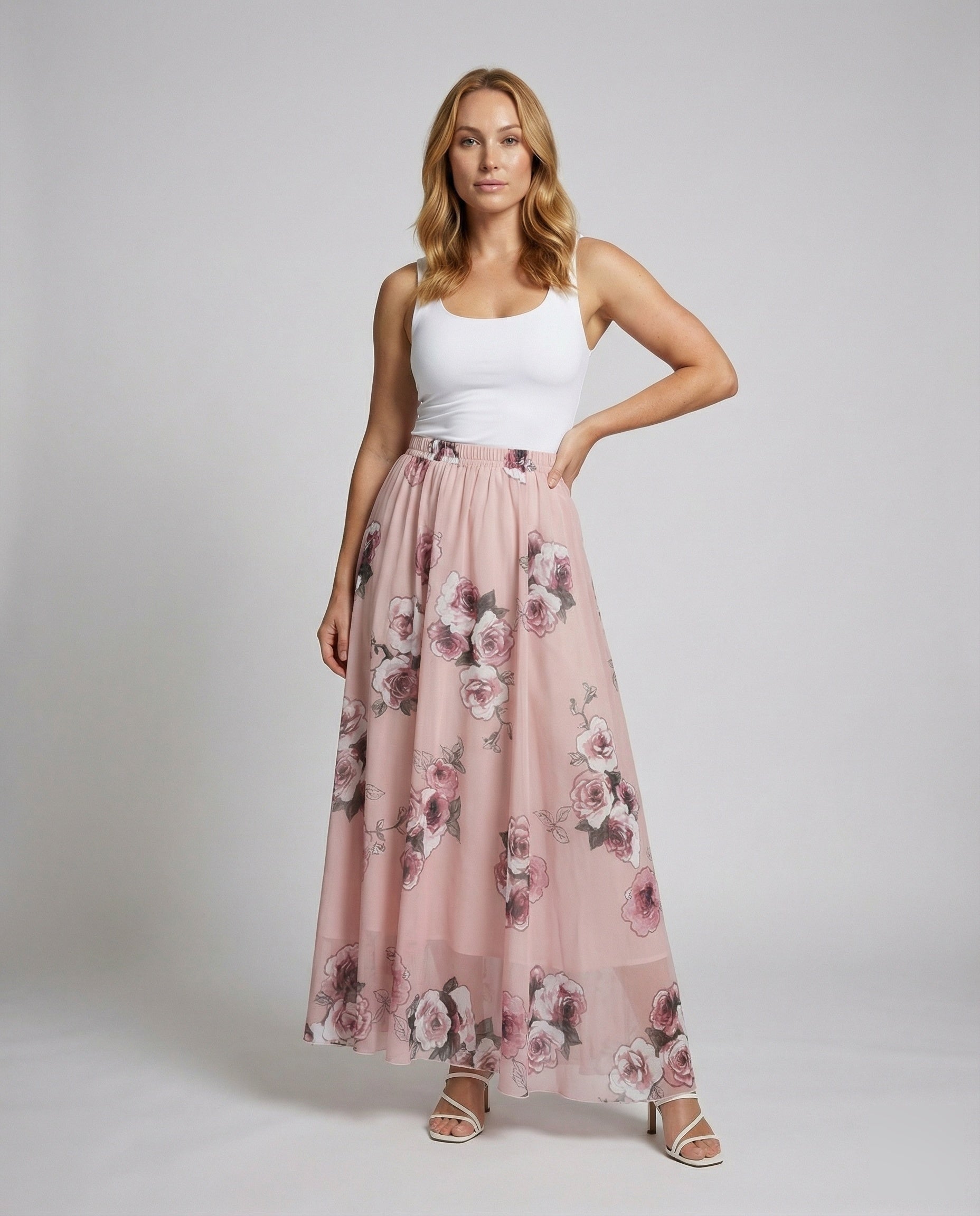 Women’s chiffon floral maxi skirt with elastic waist and flowing A-line fit