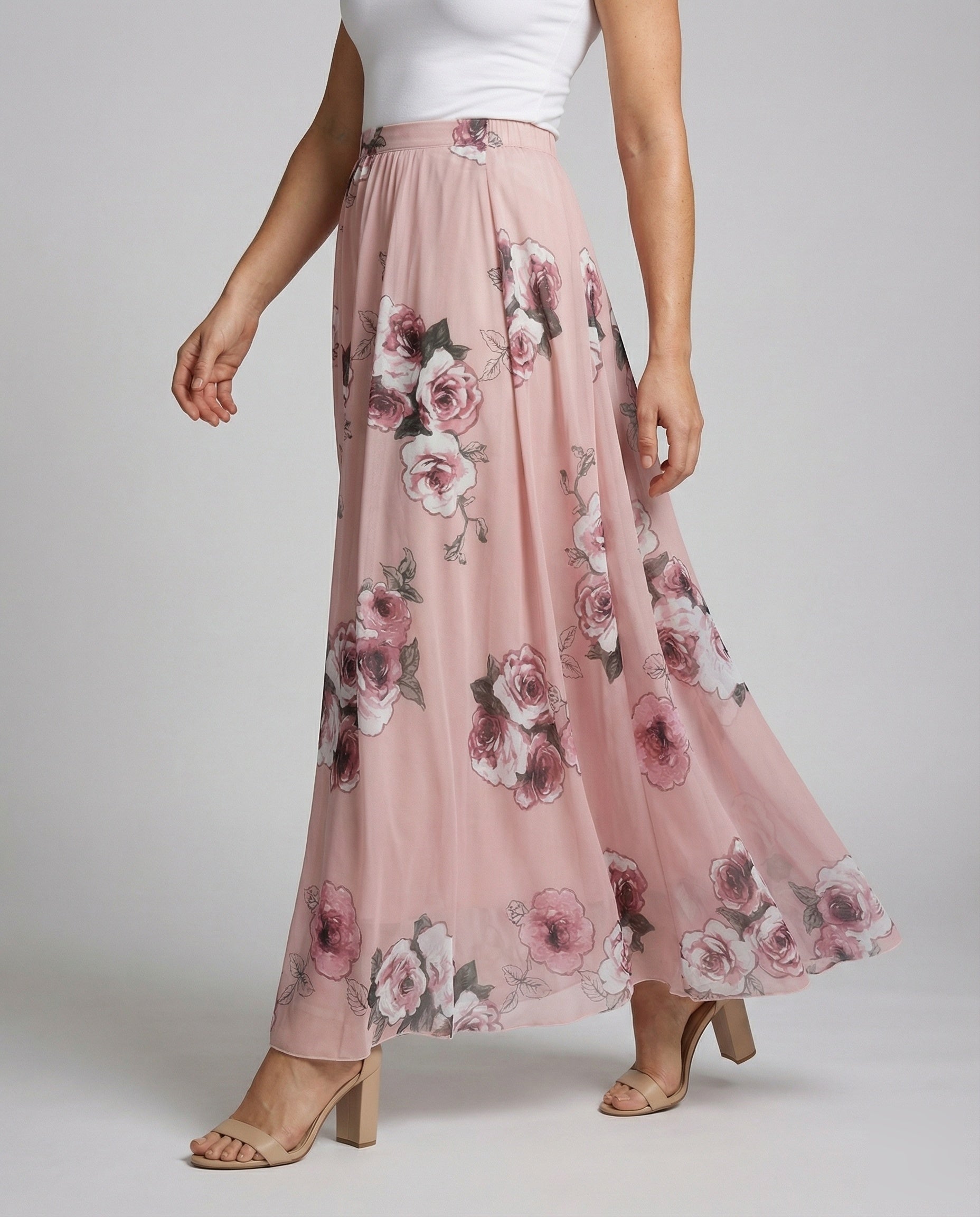 Women’s chiffon floral maxi skirt with elastic waist and flowing A-line fit