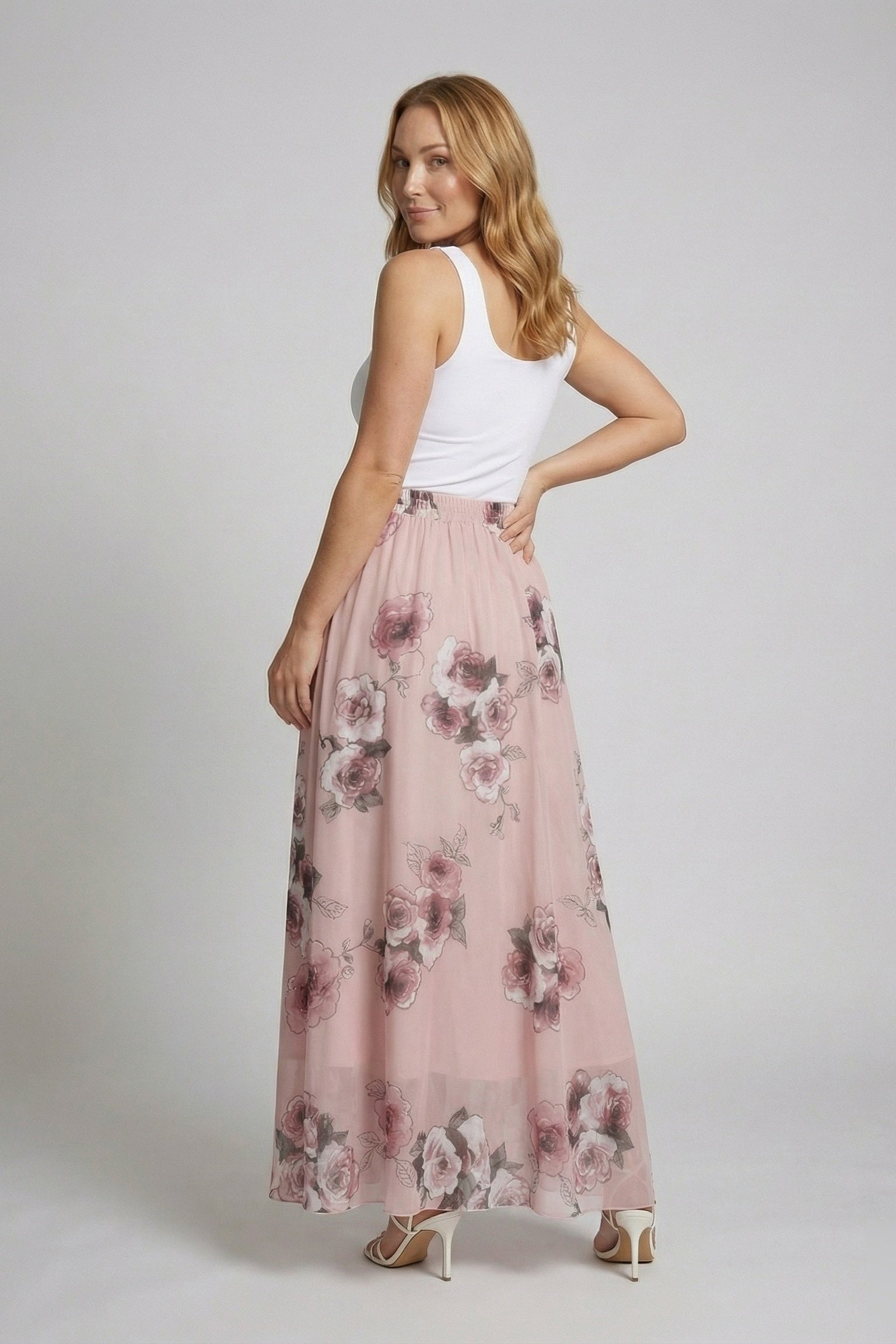 Women’s chiffon floral maxi skirt with elastic waist and flowing A-line fit