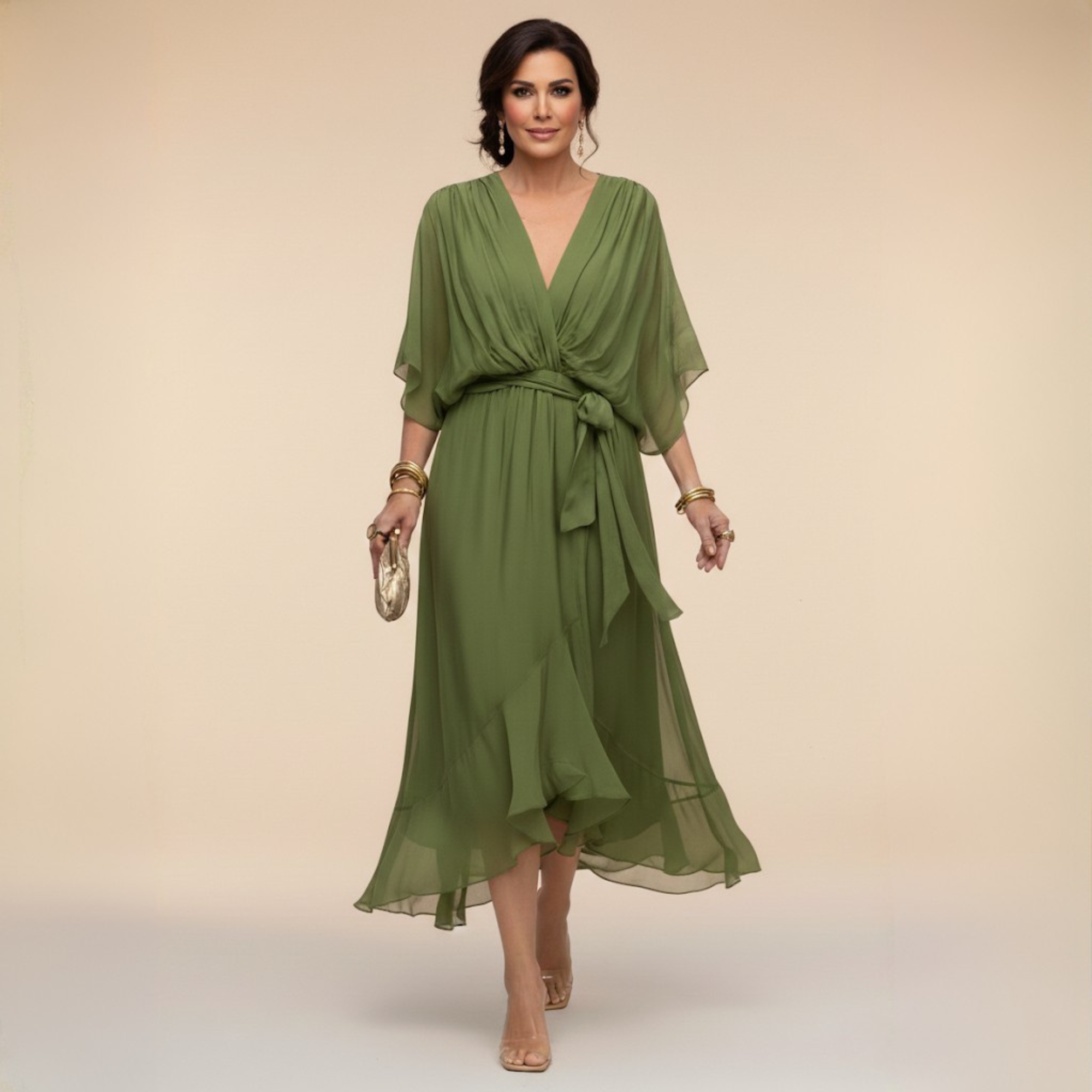 Women’s flowing chiffon dress with V-neck and graceful silhouette