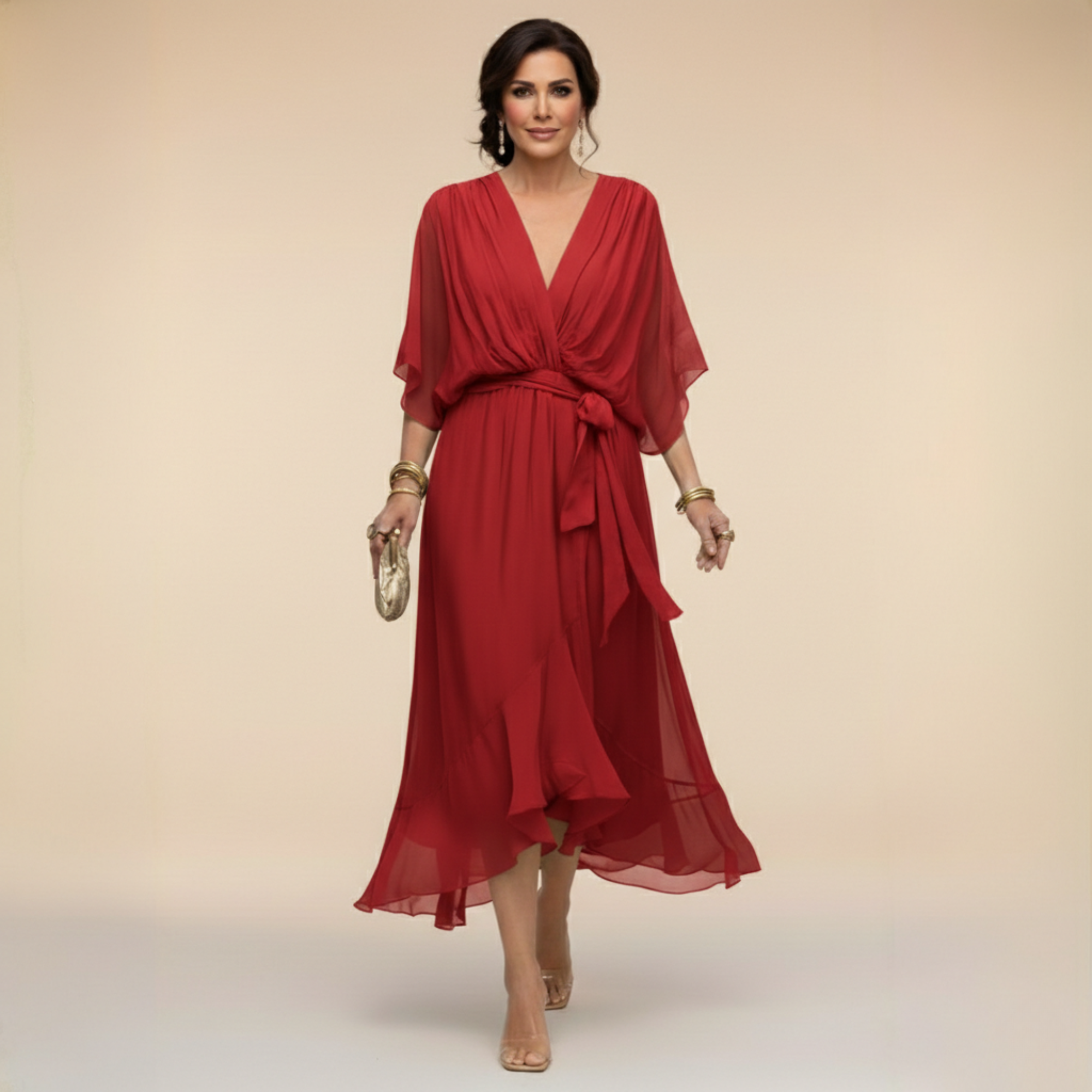 Women’s flowing chiffon dress with V-neck and graceful silhouette