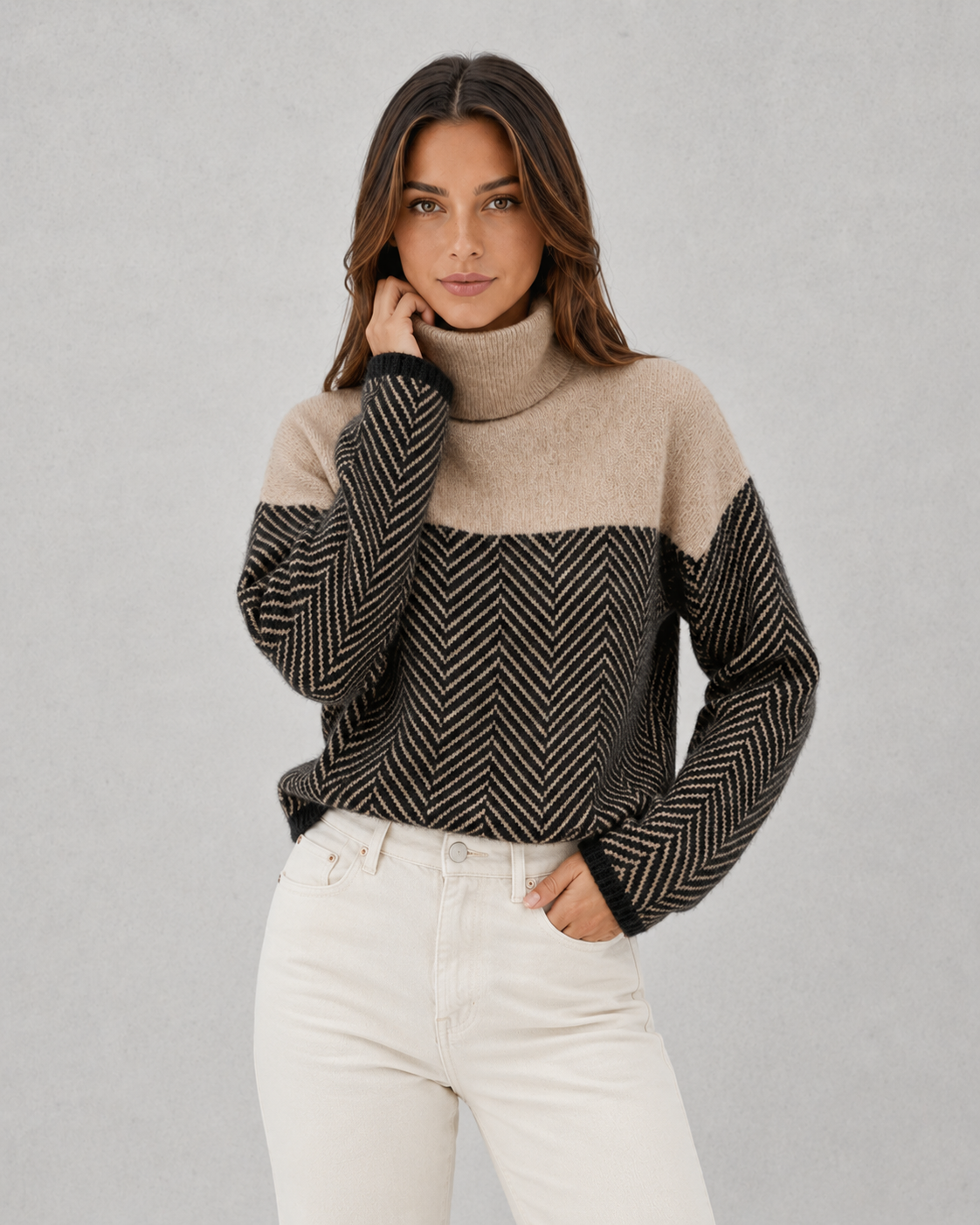 Women's classic turtleneck knit sweater featuring a relaxed fit, soft breathable fabric, and timeless design for everyday winter wear.