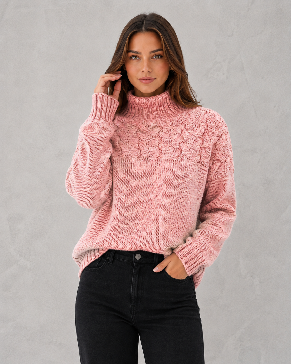 Women's classic turtleneck knit sweater in a relaxed fit, featuring a soft luxurious knit fabric for warm and comfortable everyday winter wear.