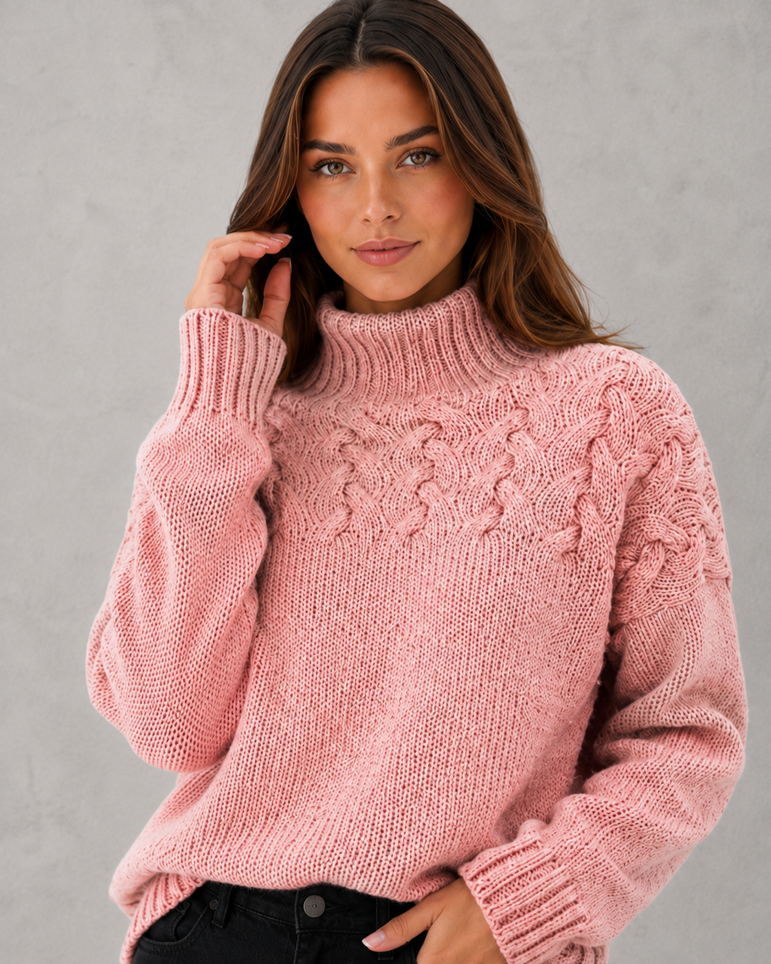 Women's classic turtleneck knit sweater in a relaxed fit, featuring a soft luxurious knit fabric for warm and comfortable everyday winter wear.