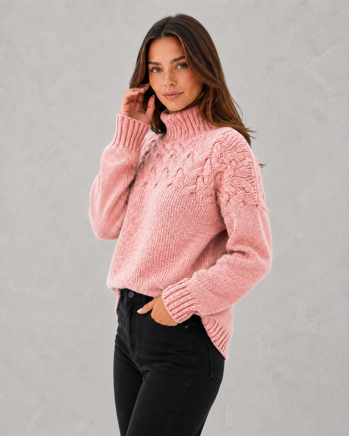 Women's classic turtleneck knit sweater in a relaxed fit, featuring a soft luxurious knit fabric for warm and comfortable everyday winter wear.