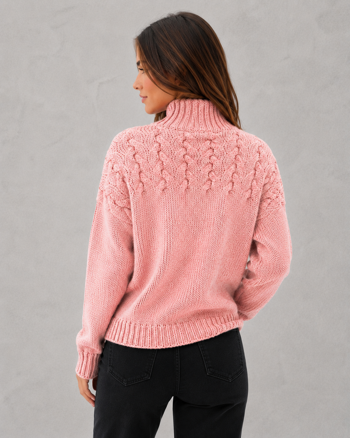 Women's classic turtleneck knit sweater in a relaxed fit, featuring a soft luxurious knit fabric for warm and comfortable everyday winter wear.