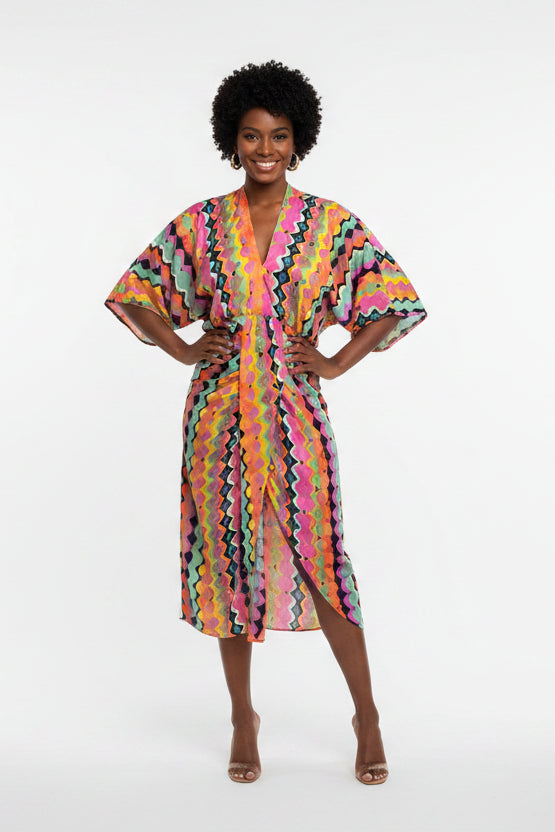 Women’s colorful geometric print V-neck midi dress with half sleeves