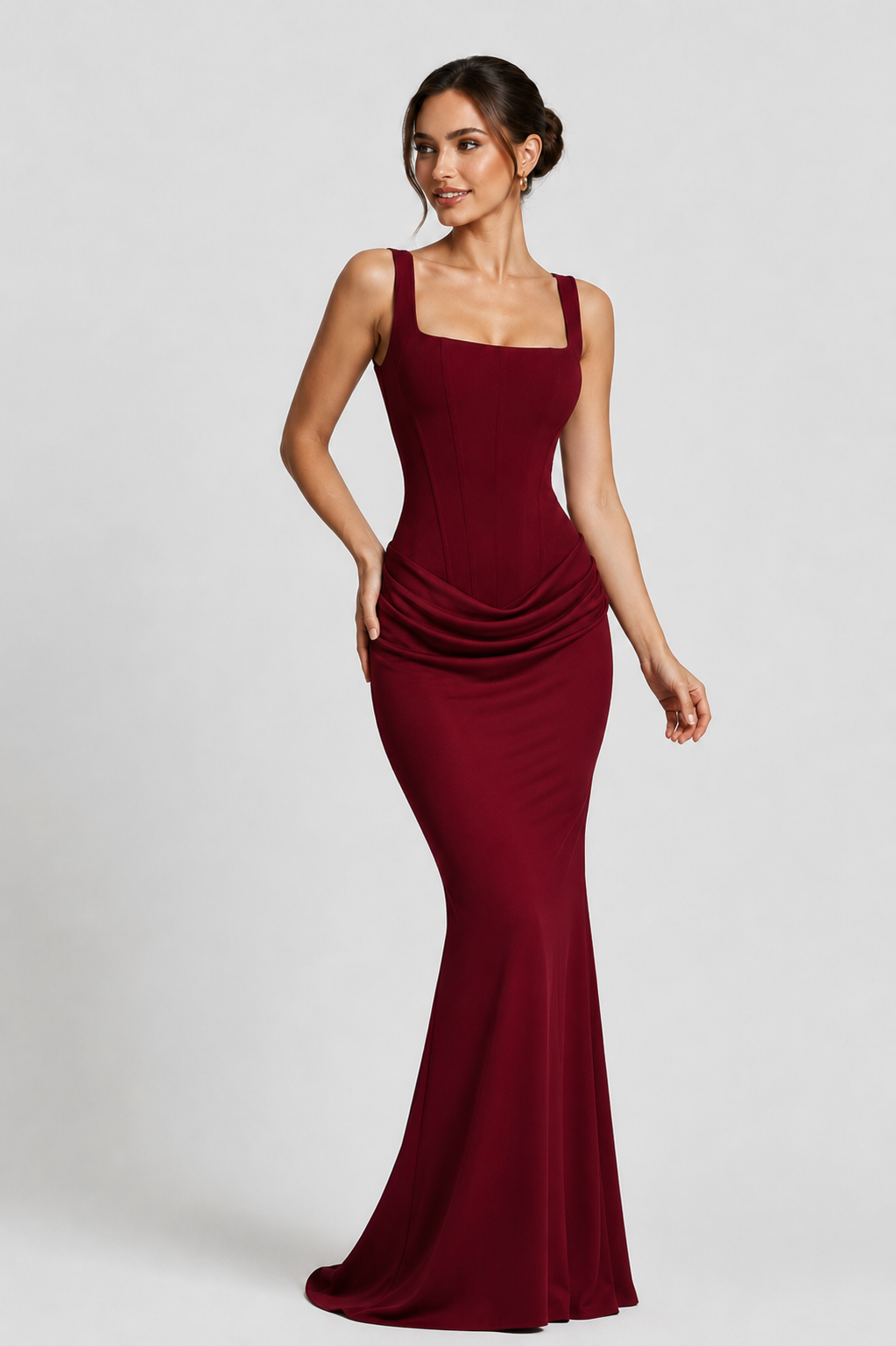 Women's elegant corset maxi dress featuring a structured corset-style bodice, dropped waist silhouette, and flowing pleated maxi skirt. A sophisticated formal dress designed for weddings, galas, evening events, and special occasions.