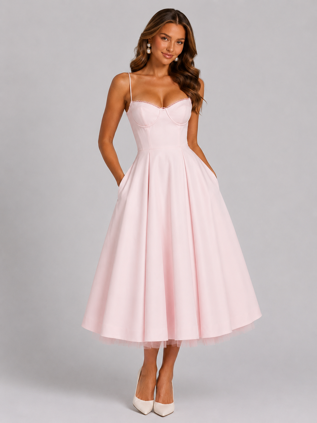 Women’s Corset Midi Dress with Full Skirt for Weddings & Special Occasions