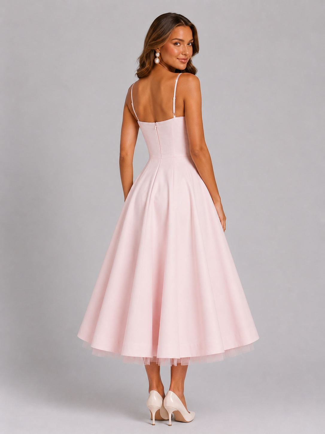 Women’s Corset Midi Dress with Full Skirt for Weddings & Special Occasions