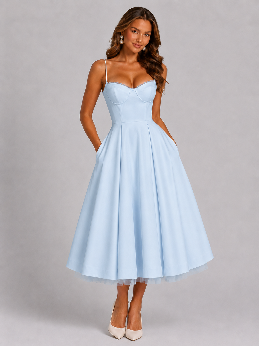 Women’s Corset Midi Dress with Full Skirt for Weddings & Special Occasions