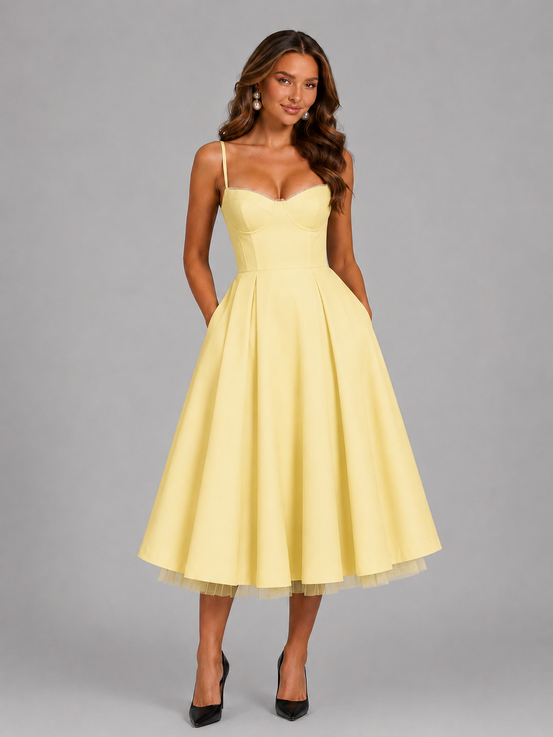 Women’s Corset Midi Dress with Full Skirt for Weddings & Special Occasions