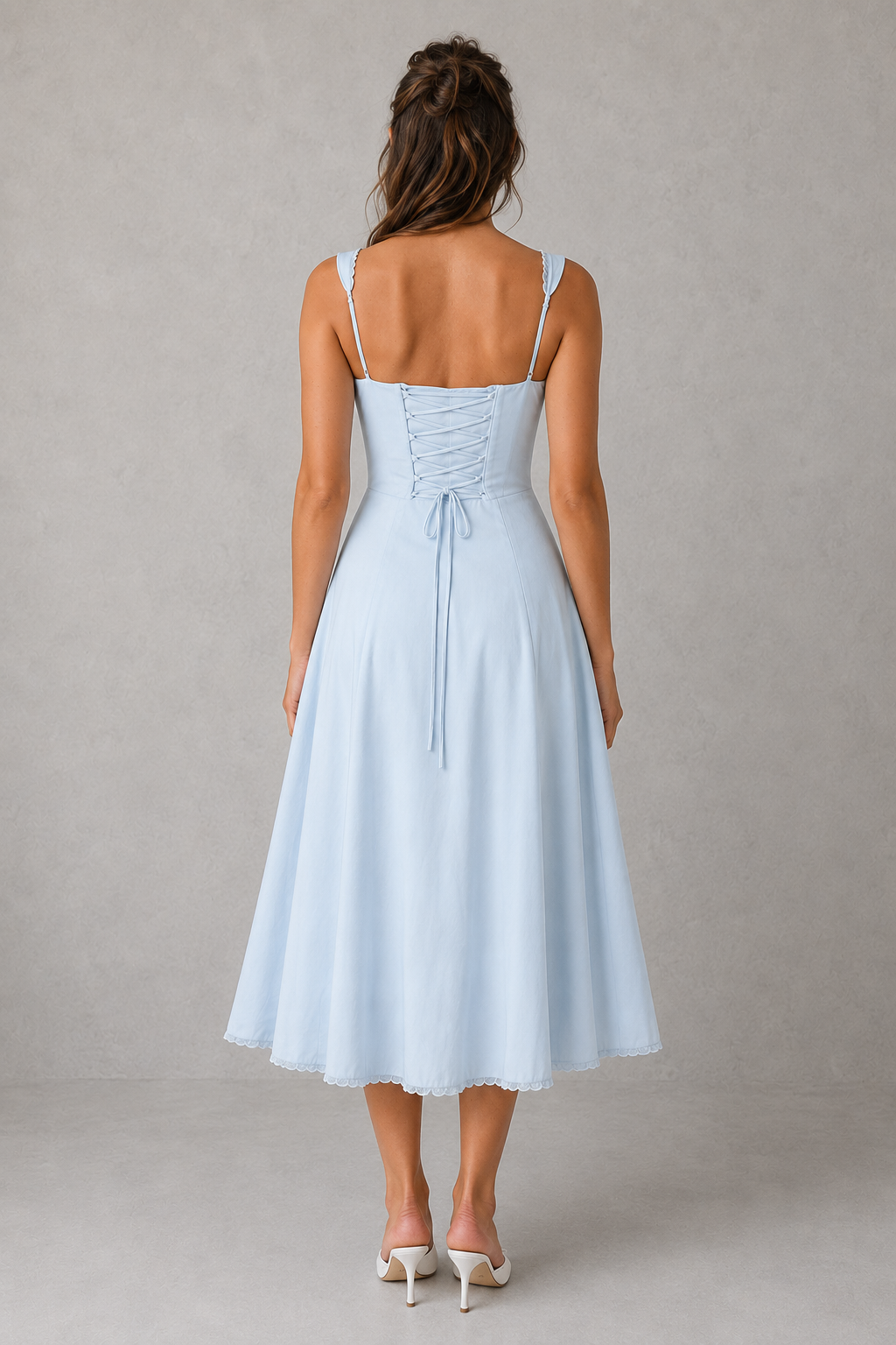 Women's corset midi dress with underwired bust, boned bodice, lace trim detailing, fan-shaped adjustable straps, and a flowing midi skirt with a thigh-high split, designed for garden parties, weddings, and special occasions.