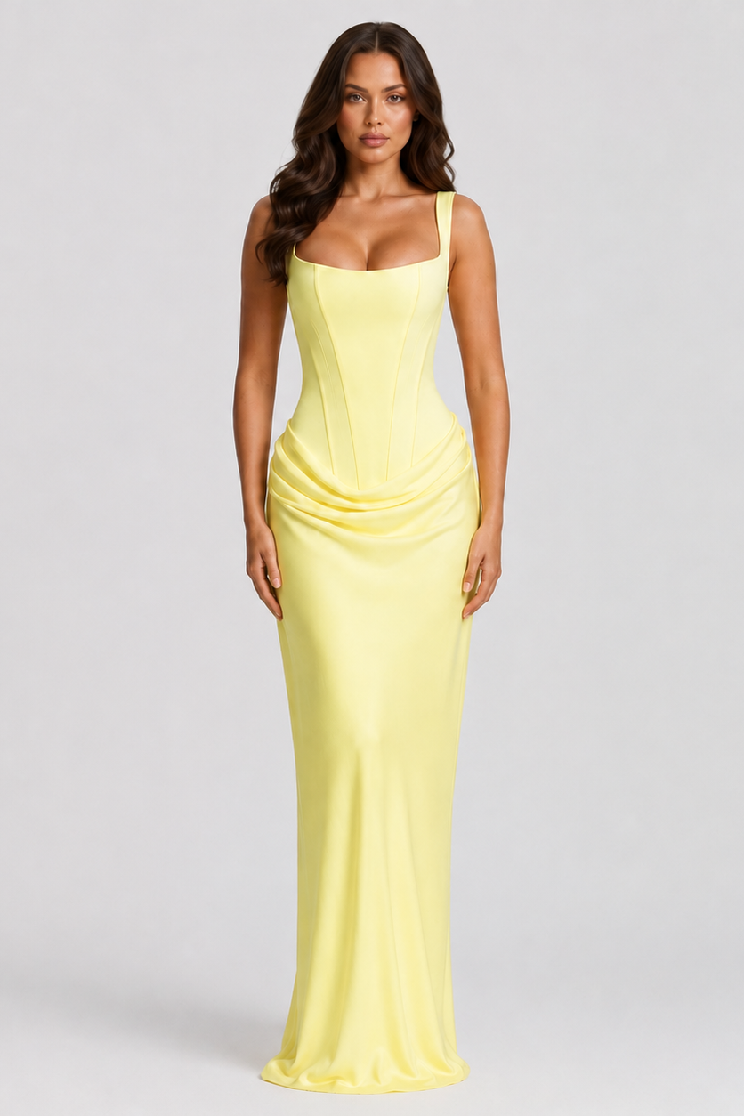 Women's corset pleated maxi dress with structured bodice and flowing skirt for formal occasions