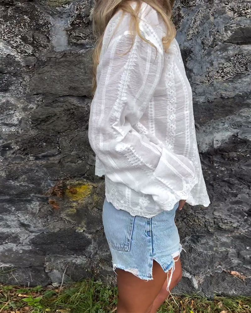 Women’s cotton button-up shirt with embroidery and dropped shoulders