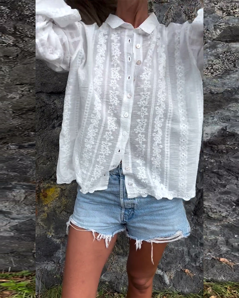 Women’s cotton button-up shirt with embroidery and dropped shoulders