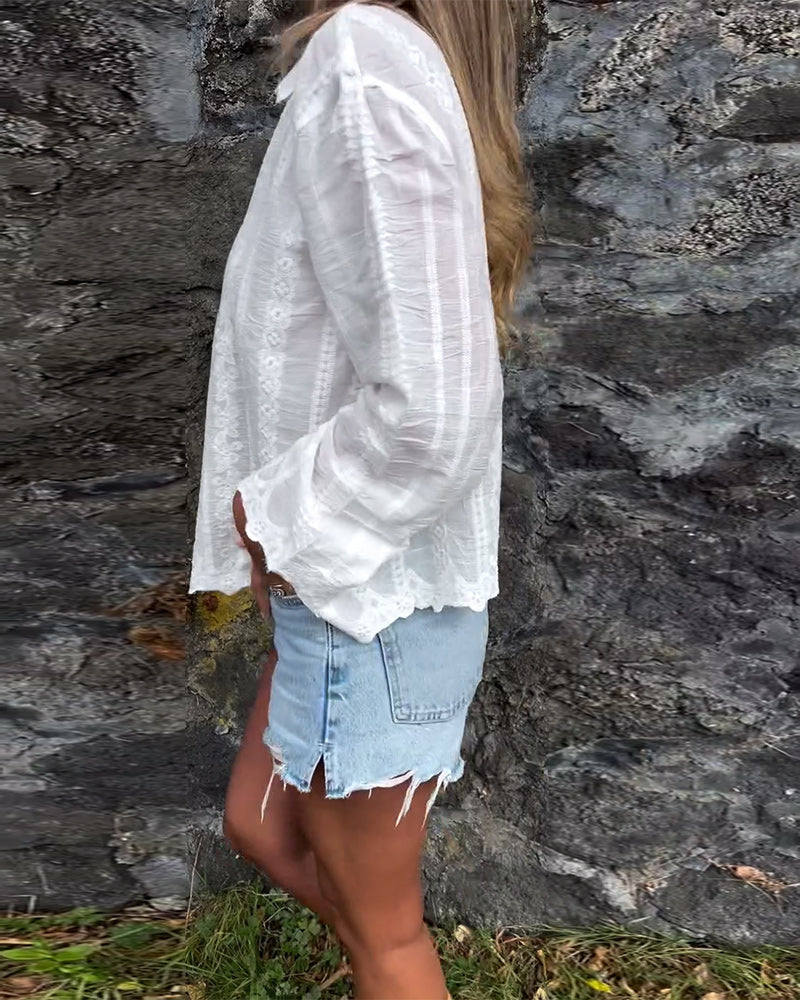 Women’s cotton button-up shirt with embroidery and dropped shoulders