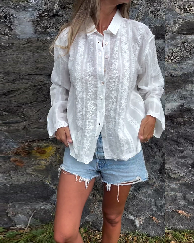 Women’s cotton button-up shirt with embroidery and dropped shoulders