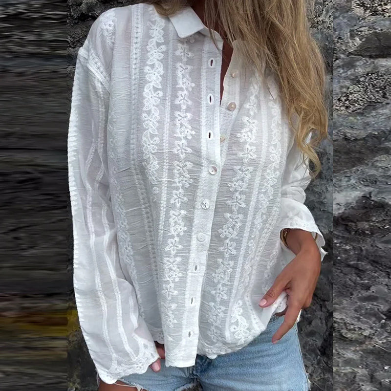 Women’s cotton button-up shirt with embroidery and dropped shoulders