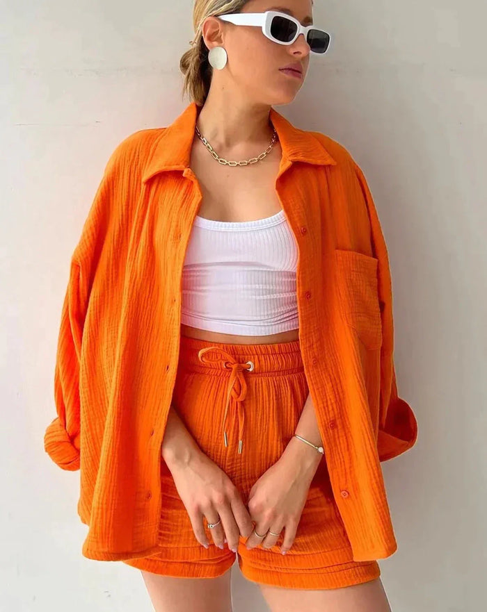 Women’s cotton two-piece summer set with shirt top and shorts for casual comfortable warm weather wear