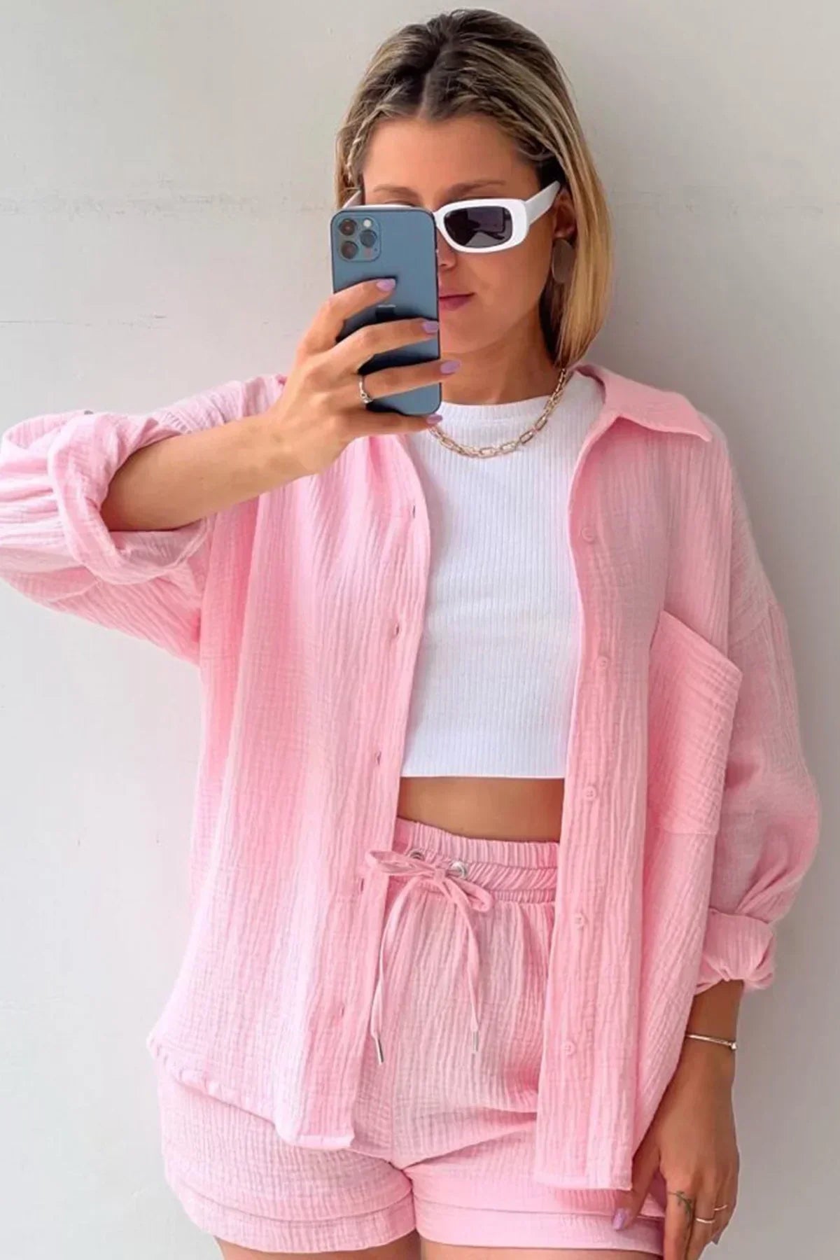 Women’s cotton two-piece summer set with shirt top and shorts for casual comfortable warm weather wear