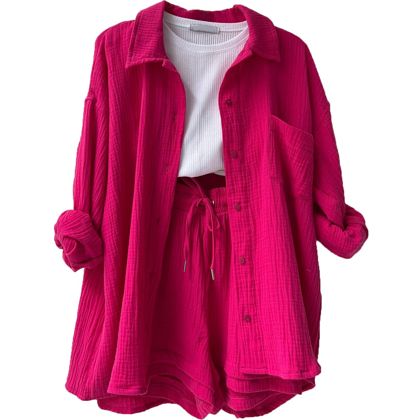 Women’s cotton two-piece summer set with shirt top and shorts for casual comfortable warm weather wear