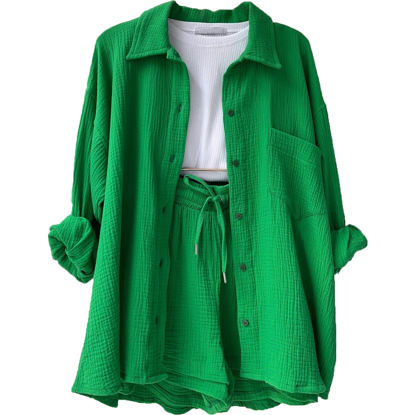 Women’s cotton two-piece summer set with shirt top and shorts for casual comfortable warm weather wear