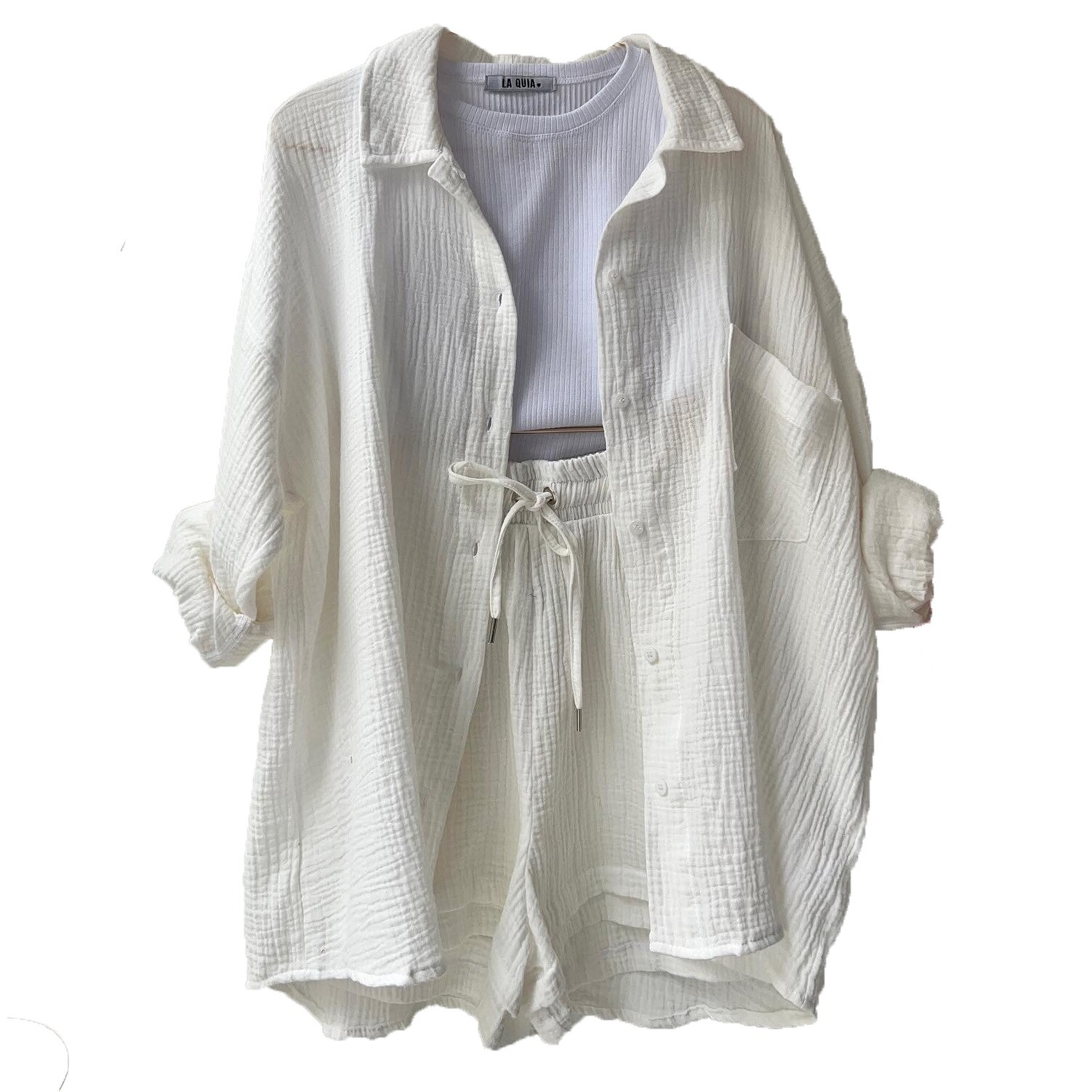 Women’s cotton two-piece summer set with shirt top and shorts for casual comfortable warm weather wear