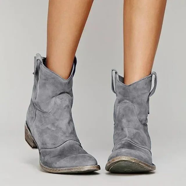 Women’s cowboy ankle boots with rounded toe, low shaft, and slip-resistant sole