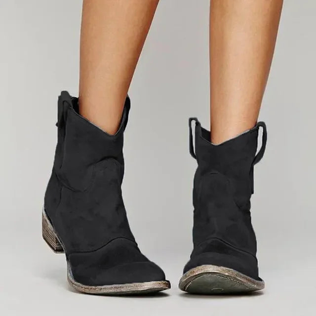 Women’s cowboy ankle boots with rounded toe, low shaft, and slip-resistant sole