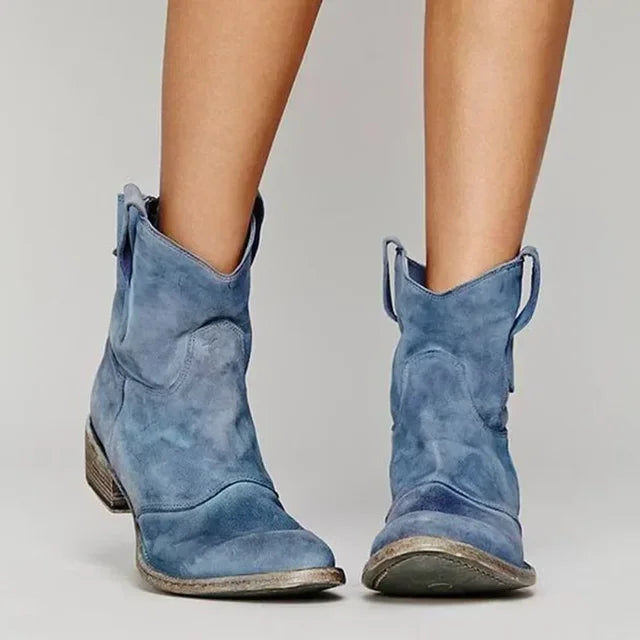 Women’s cowboy ankle boots with rounded toe, low shaft, and slip-resistant sole