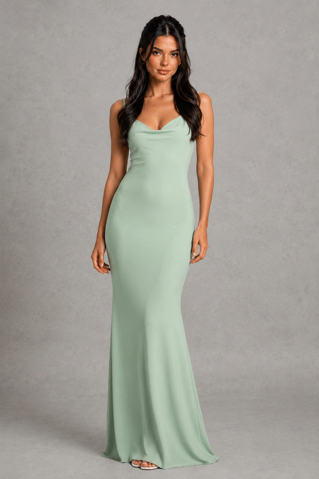 Women's elegant cowl neck maxi dress in premium stretch jersey featuring a draped neckline, open back, delicate lace trim, adjustable straps, and a fitted silhouette with a flowing floor-length skirt, ideal for evening events, formal occasions, and special celebrations.