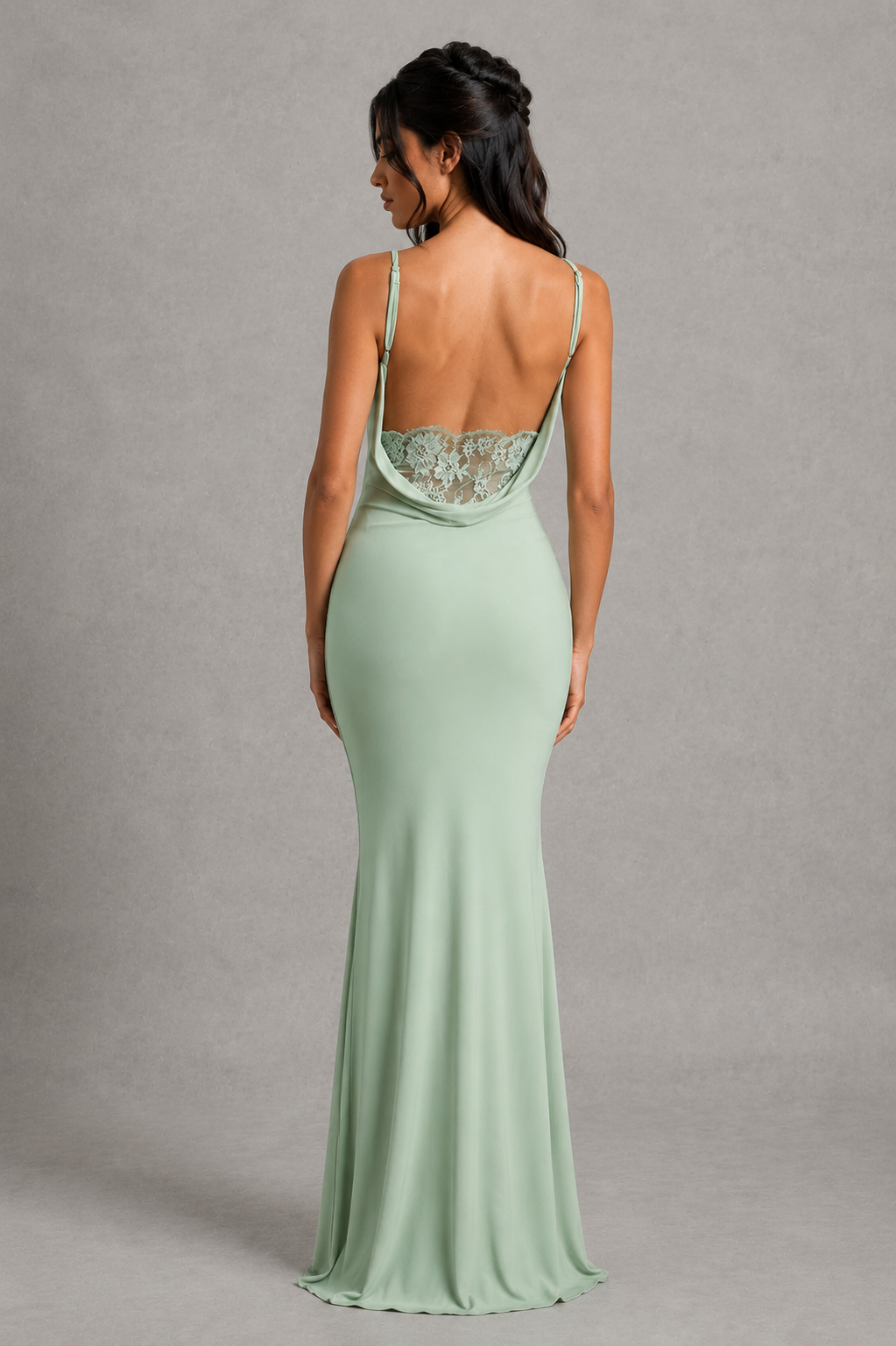 Women's elegant cowl neck maxi dress in premium stretch jersey featuring a draped neckline, open back, delicate lace trim, adjustable straps, and a fitted silhouette with a flowing floor-length skirt, ideal for evening events, formal occasions, and special celebrations.
