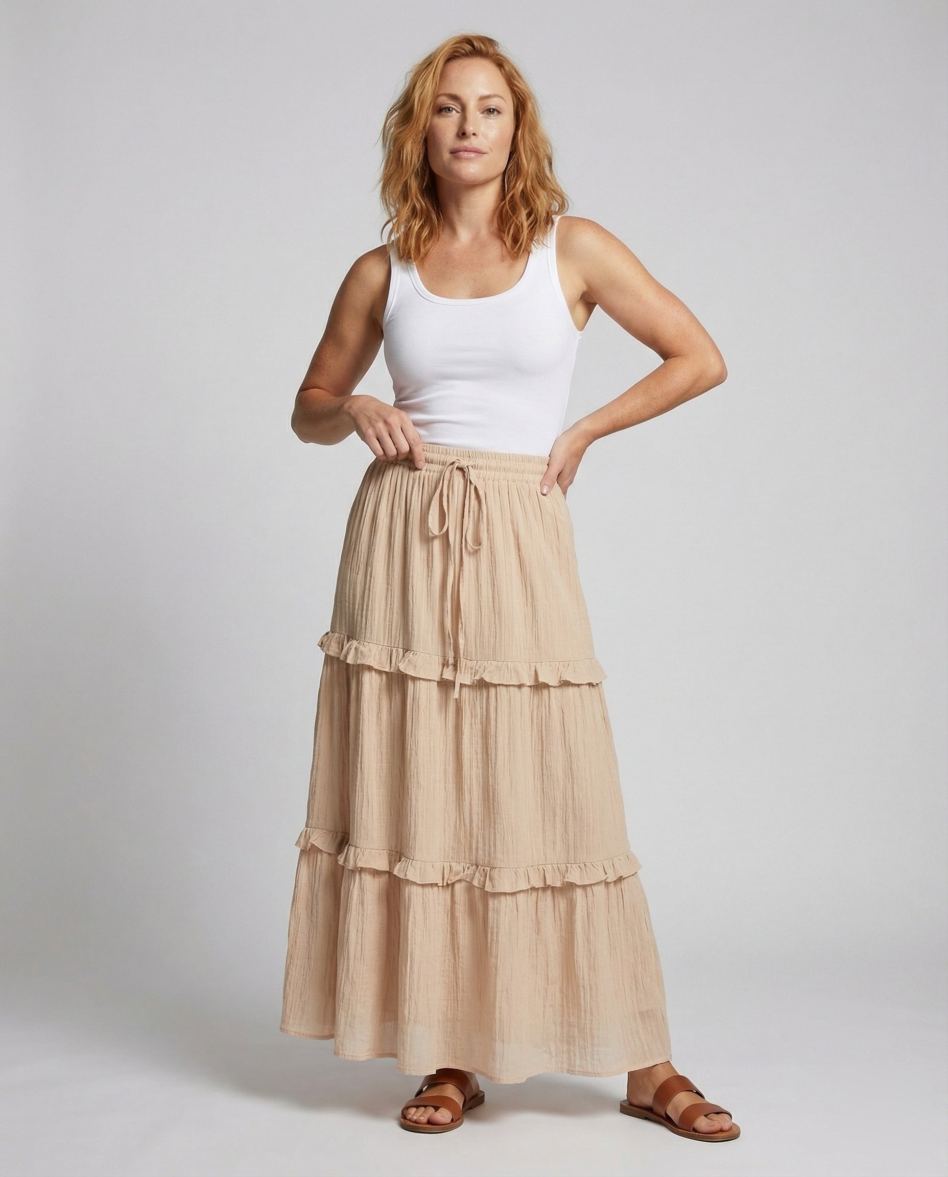 Women’s crinkle tiered maxi skirt with elastic waistband and drawstring
