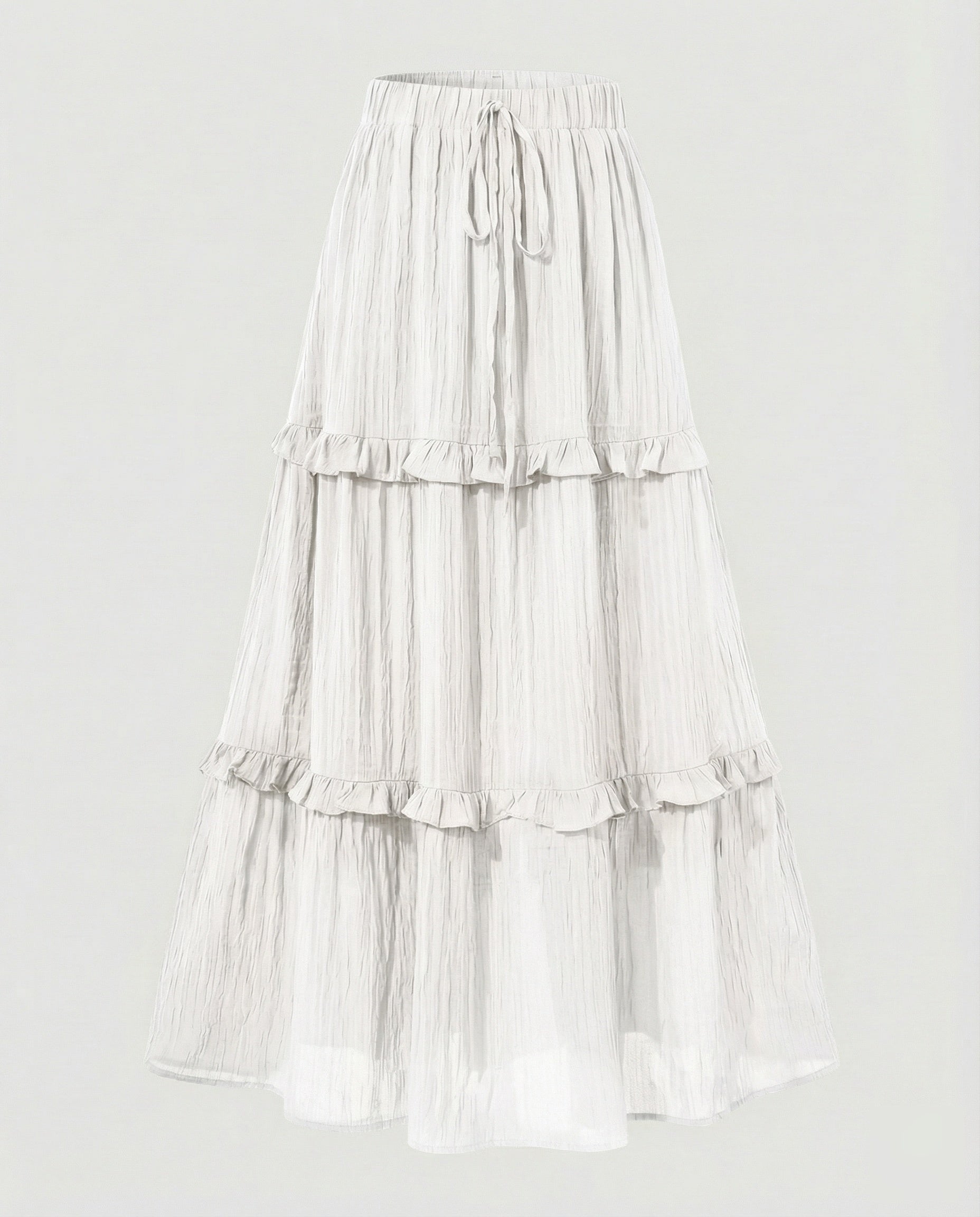Women’s crinkle tiered maxi skirt with elastic waistband and drawstring